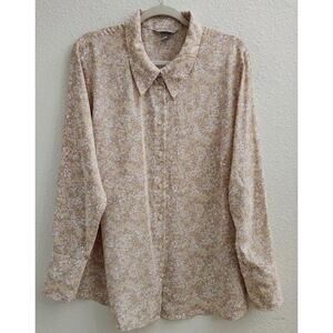 H&M Floral Button Down Blouse Collared Long Sleeve Pink Green Tan Size XXL NEW